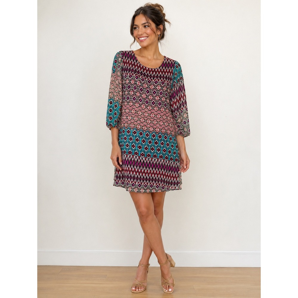 Everly Multicolor Ikat Shift Dress Women Size M 3/4 Sleeve Geometric